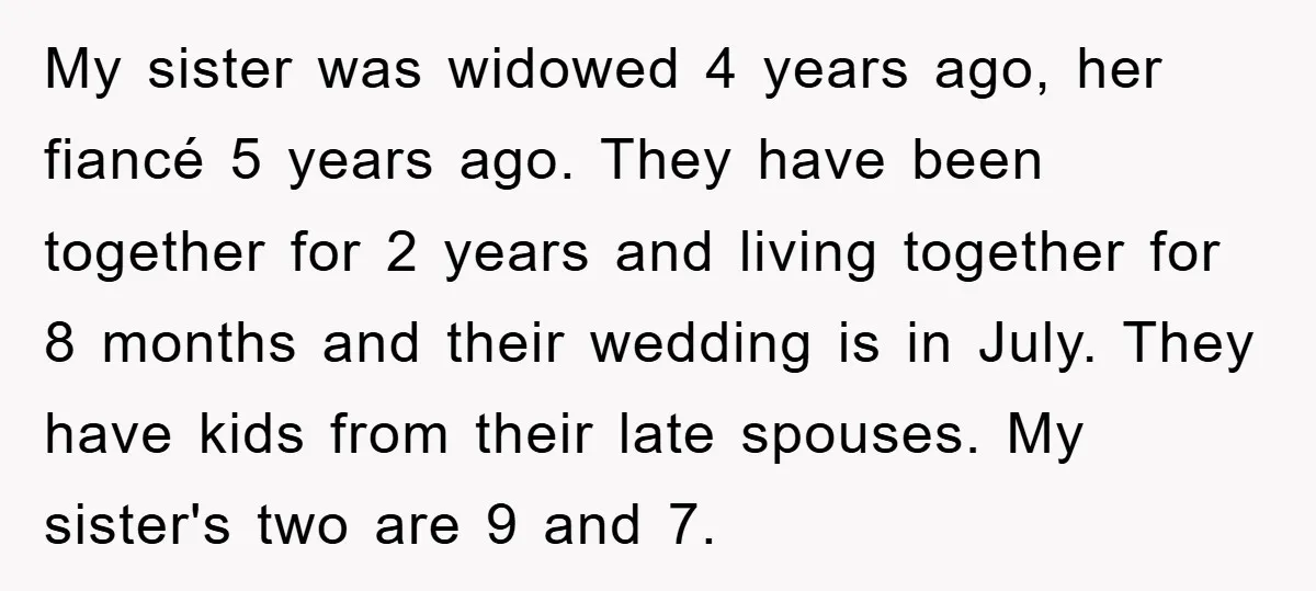 My sister was widowed 4 years ago, her fiancé 5 years ago. They have been together for 2 years and living together for 8 months and their wedding is in...