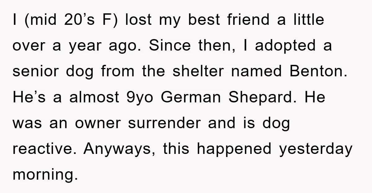 I (mid 20’s F) lost my best friend a little over a year ago. Since then, I adopted a senior dog from the shelter named Benton. He’s a almost 9yo...