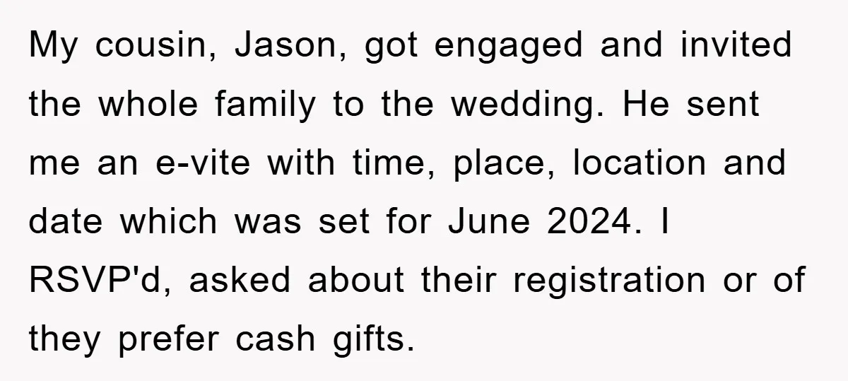 My cousin, Jason, got engaged and invited the whole family to the wedding. He sent me an e-vite with time, place, location and date which was set for June 2024....