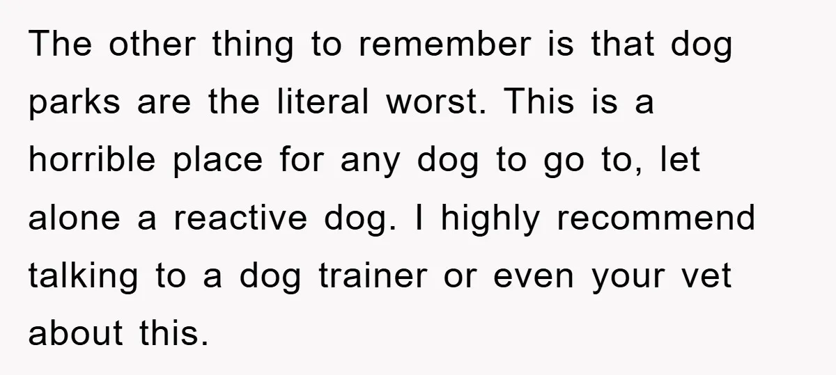 The other thing to remember is that dog parks are the literal worst. This is a horrible place for any dog to go to, let alone a reactive dog. I...