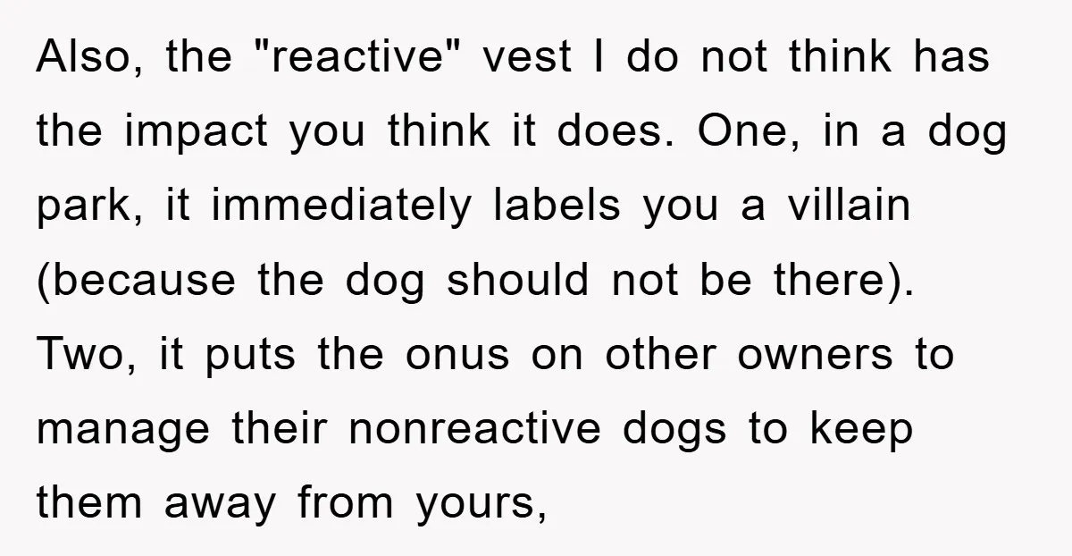 Also, the "reactive" vest I do not think has the impact you think it does. One, in a dog park, it immediately labels you a villain (because the dog should...