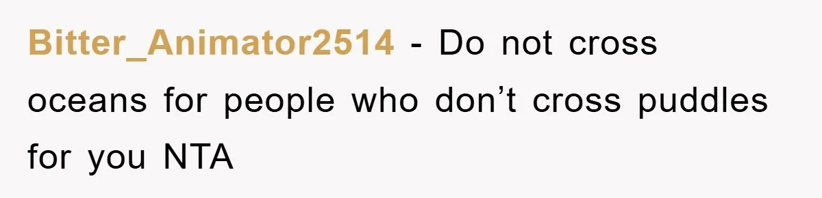 Bitter_Animator2514 − Do not cross oceans for people who don’t cross puddles for you NTA