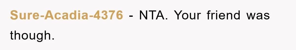Sure-Acadia-4376 − NTA. Your friend was though.