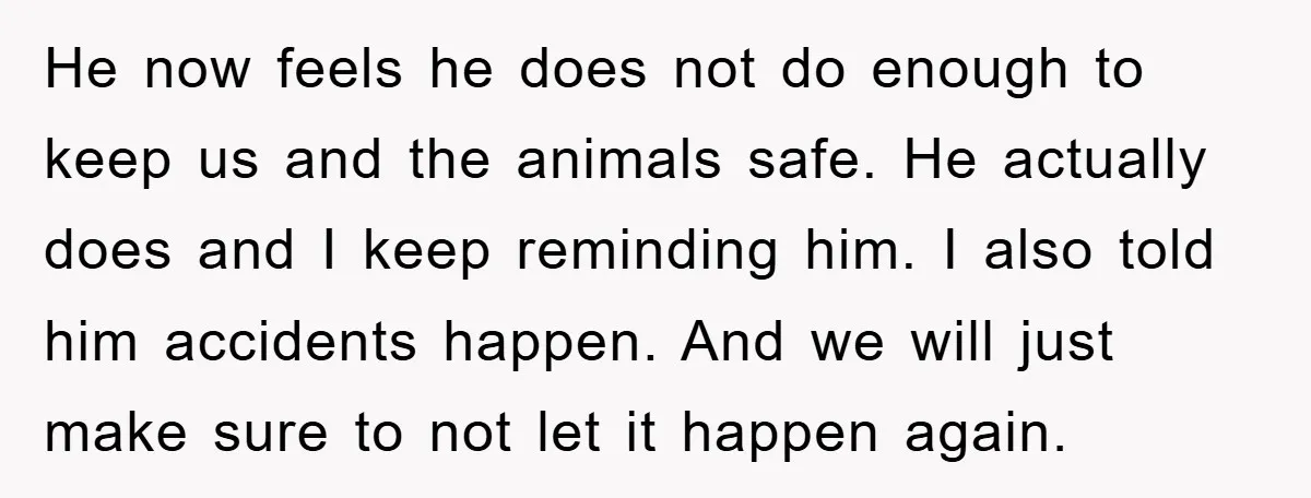 He now feels he does not do enough to keep us and the animals safe. He actually does and I keep reminding him. I also told him accidents happen. And...