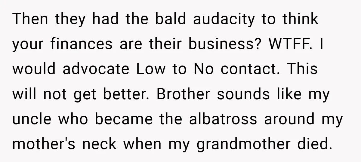 Then they had the bald audacity to think your finances are their business? WTFF. I would advocate Low to No contact. This will not get better. Brother sounds like my...