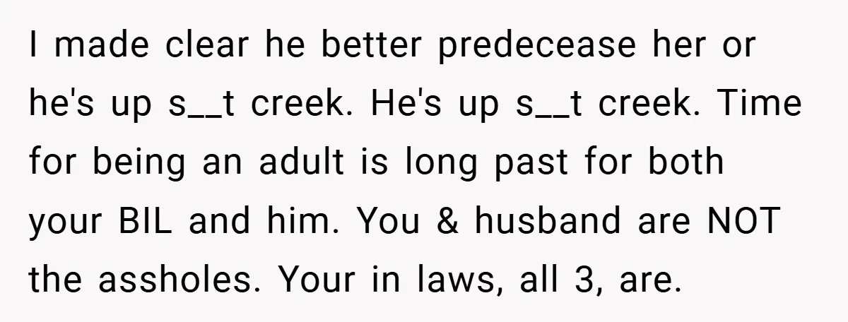 I made clear he better predecease her or he's up s__t creek. He's up s__t creek. Time for being an adult is long past for both your BIL and him....