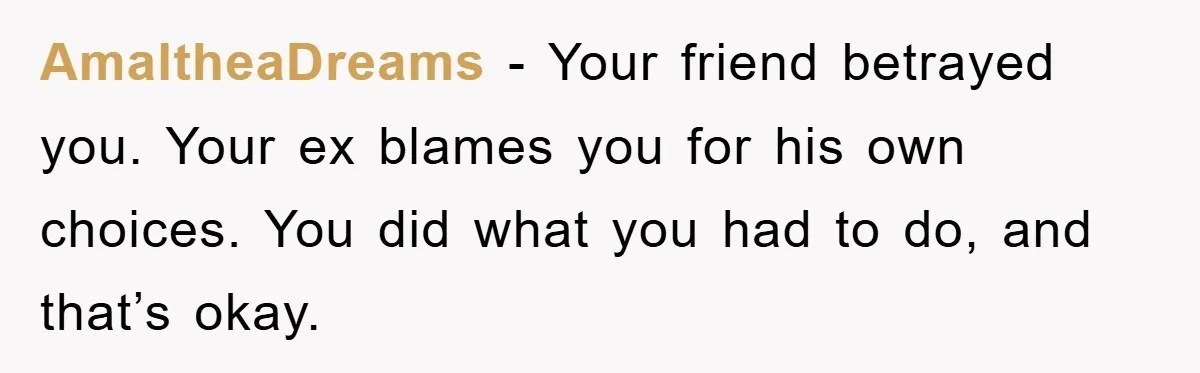 AmaltheaDreams − Your friend betrayed you. Your ex blames you for his own choices. You did what you had to do, and that’s okay.