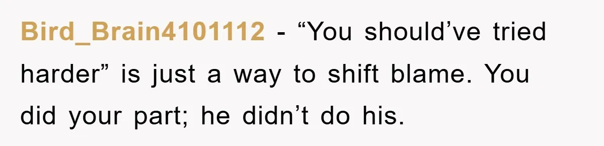 Bird_Brain4101112 − “You should’ve tried harder” is just a way to shift blame. You did your part; he didn’t do his.