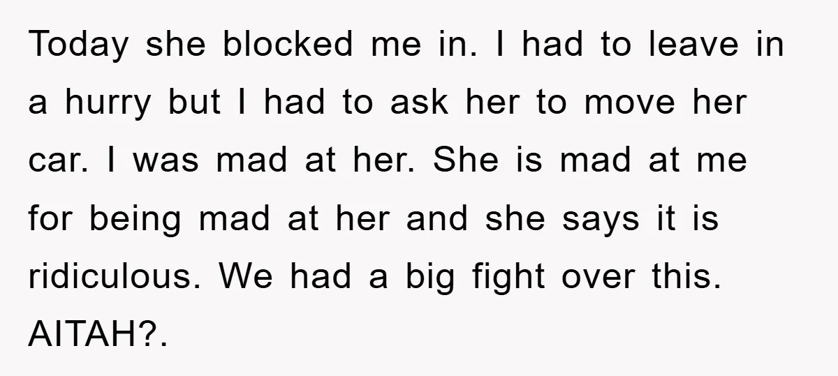 Today she blocked me in. I had to leave in a hurry but I had to ask her to move her car. I was mad at her. She is mad...