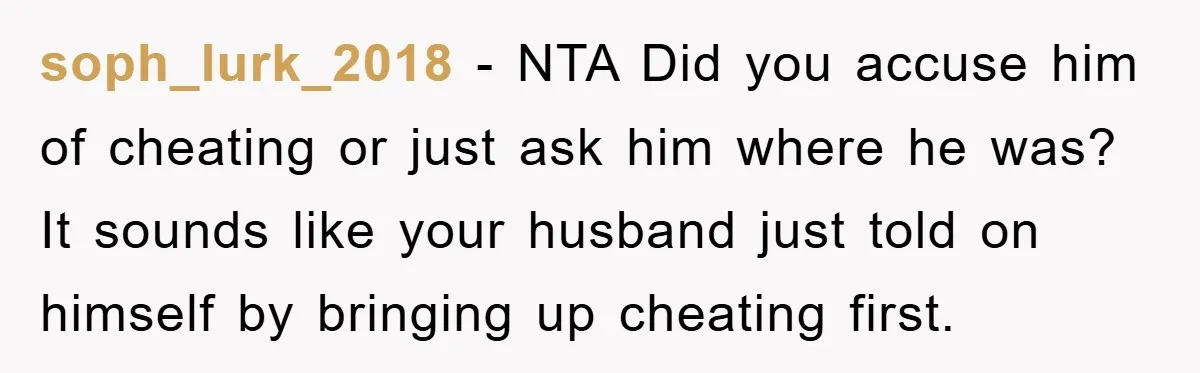 soph_lurk_2018 − NTA Did you accuse him of cheating or just ask him where he was? It sounds like your husband just told on himself by bringing up cheating first.