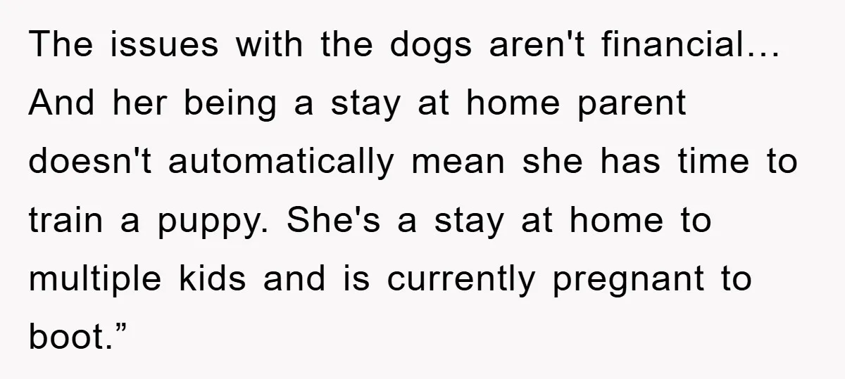 The issues with the dogs aren't financial… And her being a stay at home parent doesn't automatically mean she has time to train a puppy. She's a stay at home...