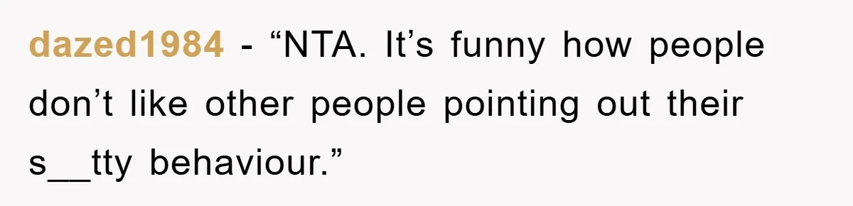 dazed1984 - “NTA. It’s funny how people don’t like other people pointing out their s__tty behaviour.”