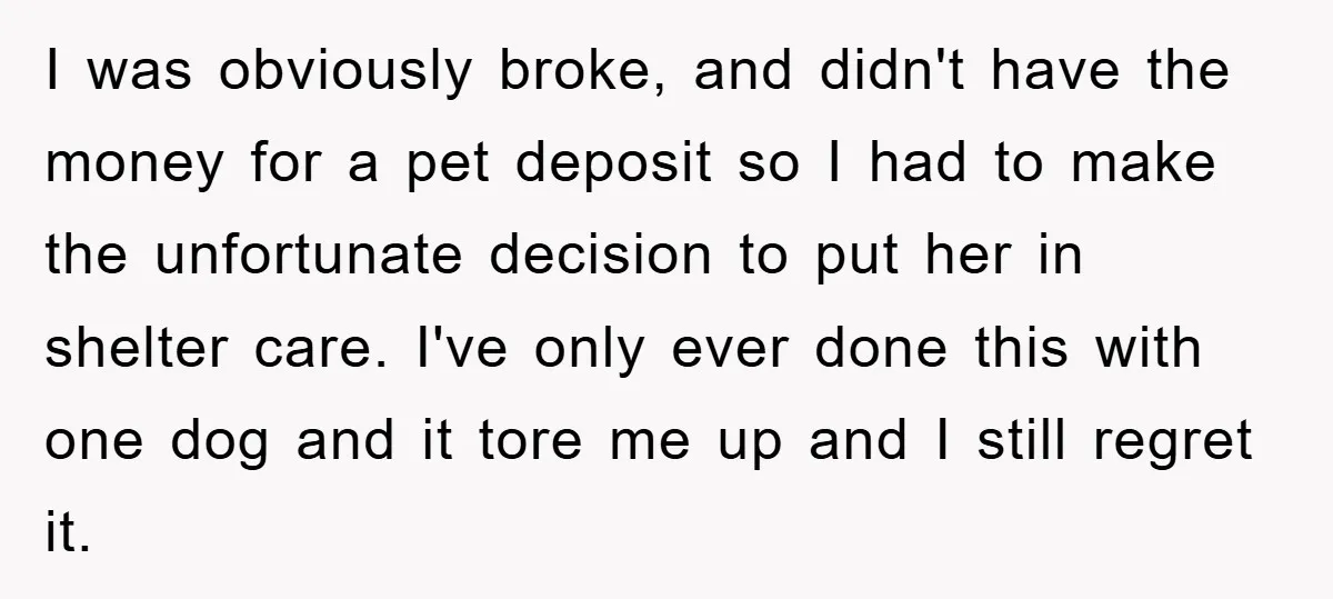 I was obviously broke, and didn't have the money for a pet deposit so I had to make the unfortunate decision to put her in shelter care. I've only ever...