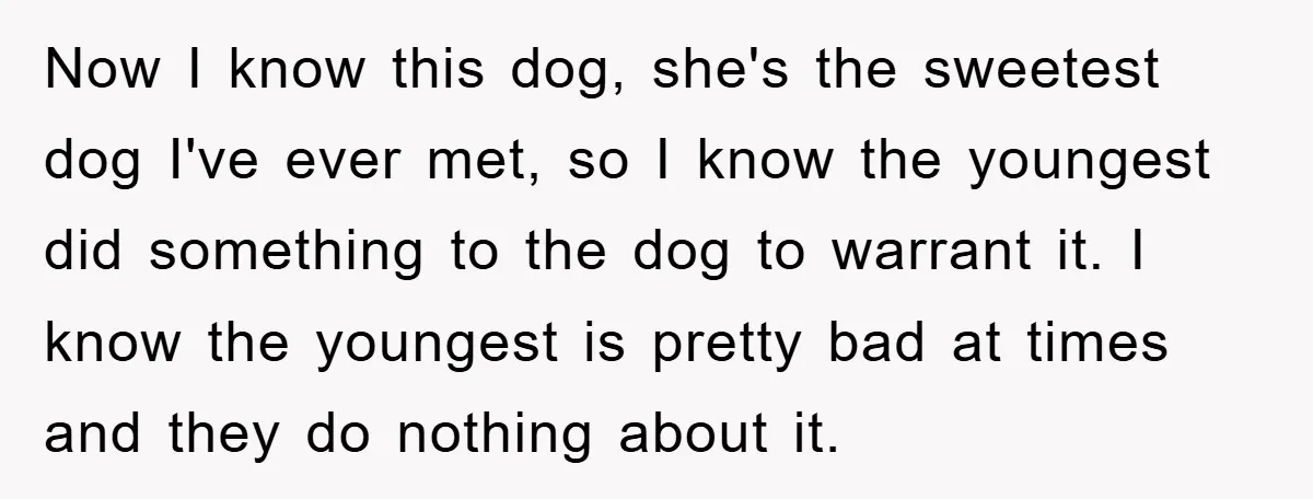 Now I know this dog, she's the sweetest dog I've ever met, so I know the youngest did something to the dog to warrant it. I know the youngest is...