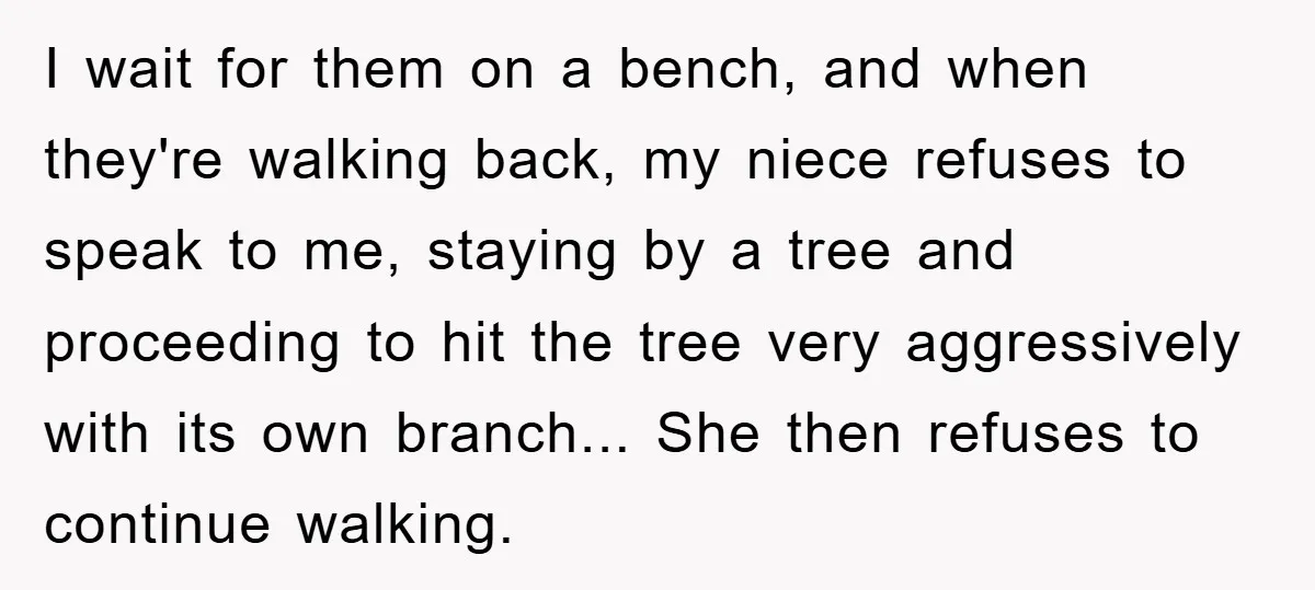 I wait for them on a bench, and when they're walking back, my niece refuses to speak to me, staying by a tree and proceeding to hit the tree very...