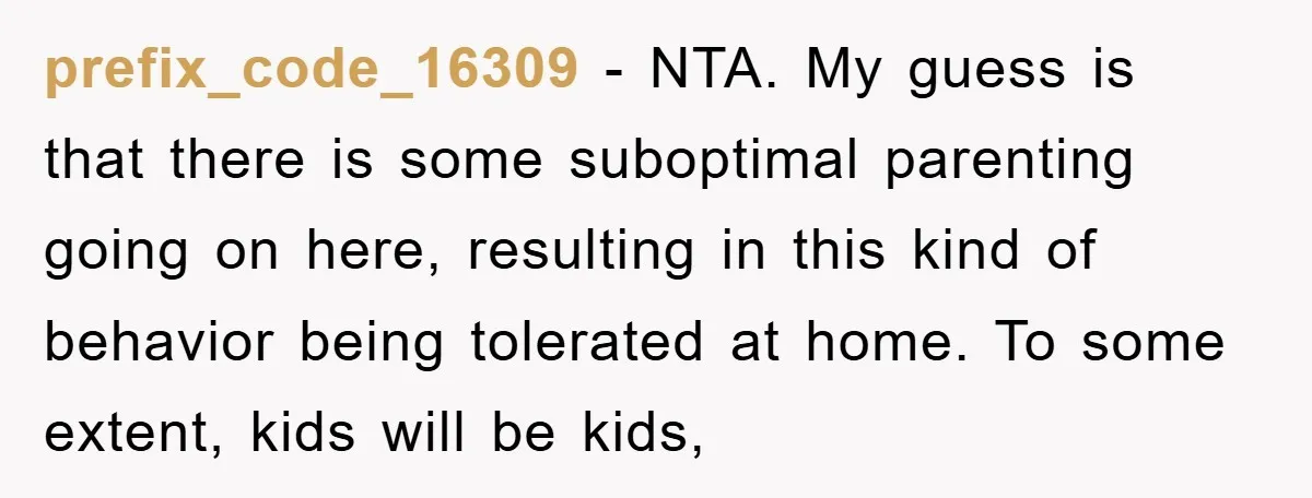prefix_code_16309 − NTA. My guess is that there is some suboptimal parenting going on here, resulting in this kind of behavior being tolerated at home. To some extent, kids will...