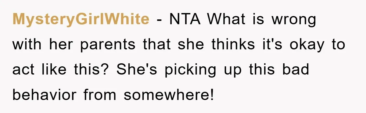 MysteryGirlWhite − NTA What is wrong with her parents that she thinks it's okay to act like this? She's picking up this bad behavior from somewhere!