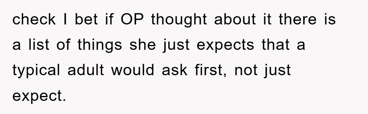 check I bet if OP thought about it there is a list of things she just expects that a typical adult would ask first, not just expect.