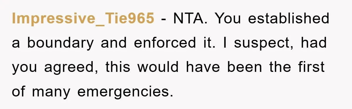 Impressive_Tie965 − NTA. You established a boundary and enforced it. I suspect, had you agreed, this would have been the first of many emergencies.