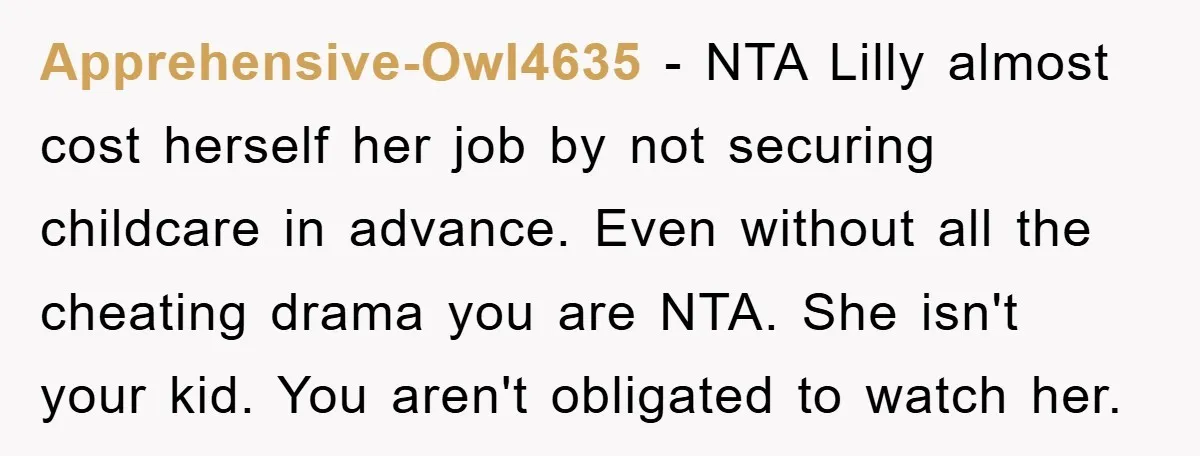 Apprehensive-Owl4635 − NTA Lilly almost cost herself her job by not securing childcare in advance. Even without all the cheating drama you are NTA. She isn't your kid. You aren't...