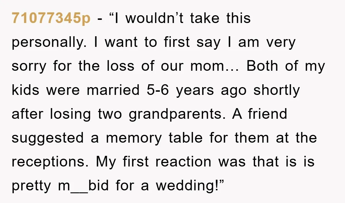 71077345p - “I wouldn’t take this personally. I want to first say I am very sorry for the loss of our mom… Both of my kids were married 5-6 years...