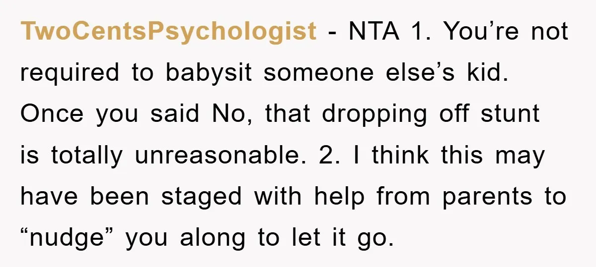 TwoCentsPsychologist − NTA 1. You’re not required to babysit someone else’s kid. Once you said No, that dropping off stunt is totally unreasonable. 2. I think this may have been...