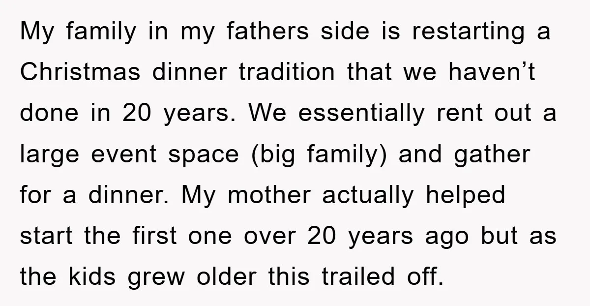 My family in my fathers side is restarting a Christmas dinner tradition that we haven’t done in 20 years. We essentially rent out a large event space (big family) and...