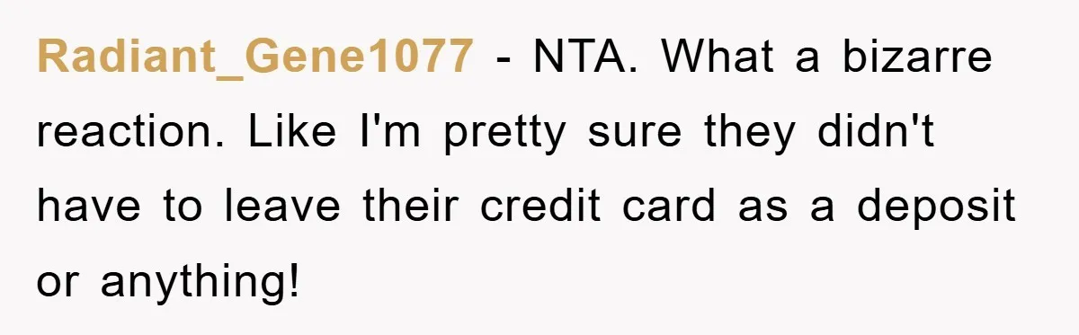 Radiant_Gene1077 − NTA. What a bizarre reaction. Like I'm pretty sure they didn't have to leave their credit card as a deposit or anything!
