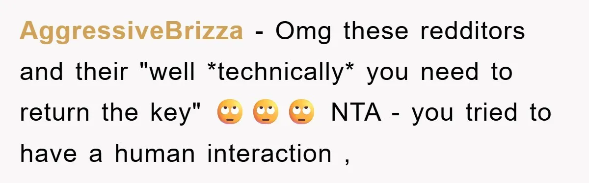 AggressiveBrizza − Omg these redditors and their "well *technically* you need to return the key" 🙄🙄🙄 NTA - you tried to have a human interaction ,