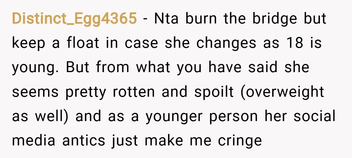 Distinct_Egg4365 − Nta burn the bridge but keep a float in case she changes as 18 is young. But from what you have said she seems pretty rotten and spoilt...