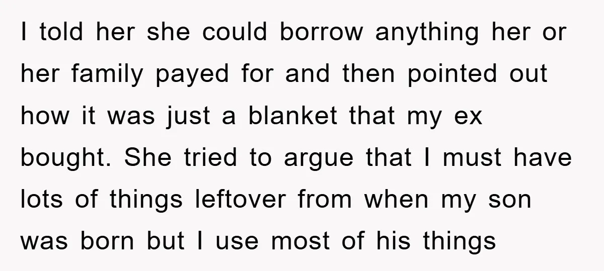 I told her she could borrow anything her or her family payed for and then pointed out how it was just a blanket that my ex bought. She tried to...