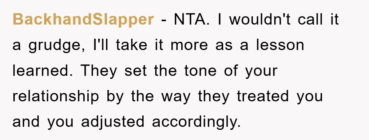 BackhandSlapper − NTA. I wouldn't call it a grudge, I'll take it more as a lesson learned. They set the tone of your relationship by the way they treated you...