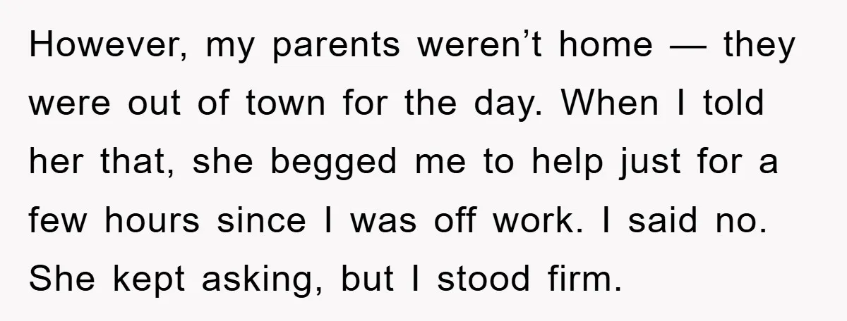 However, my parents weren’t home — they were out of town for the day. When I told her that, she begged me to help just for a few hours since...