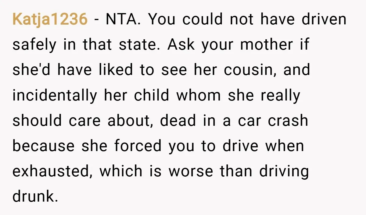 Katja1236 − NTA. You could not have driven safely in that state. Ask your mother if she'd have liked to see her cousin, and incidentally her child whom she really...