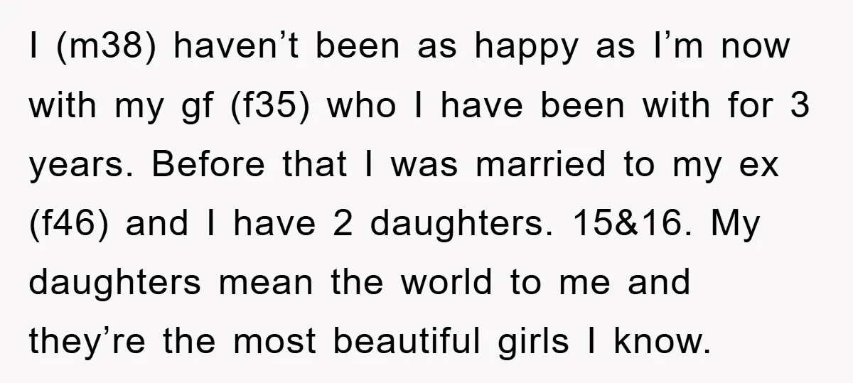 I (m38) haven’t been as happy as I’m now with my gf (f35) who I have been with for 3 years. Before that I was married to my ex (f46)...