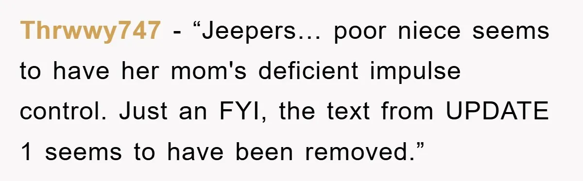Thrwwy747 - “Jeepers… poor niece seems to have her mom's deficient impulse control. Just an FYI, the text from UPDATE 1 seems to have been removed.”