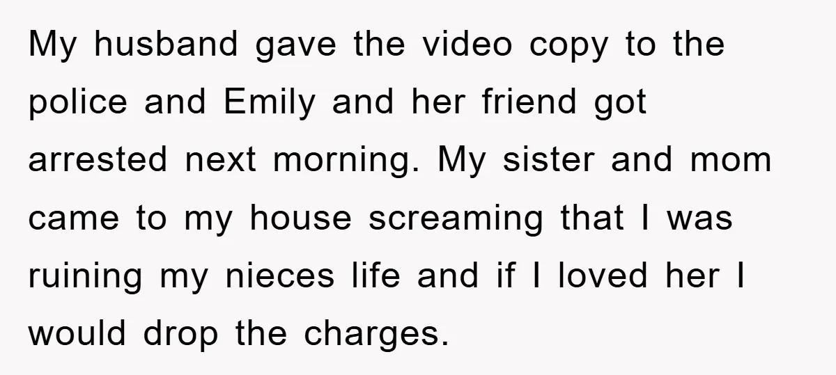 My husband gave the video copy to the police and Emily and her friend got arrested next morning. My sister and mom came to my house screaming that I was...