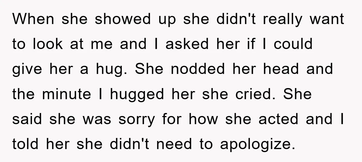 When she showed up she didn't really want to look at me and I asked her if I could give her a hug. She nodded her head and the minute...
