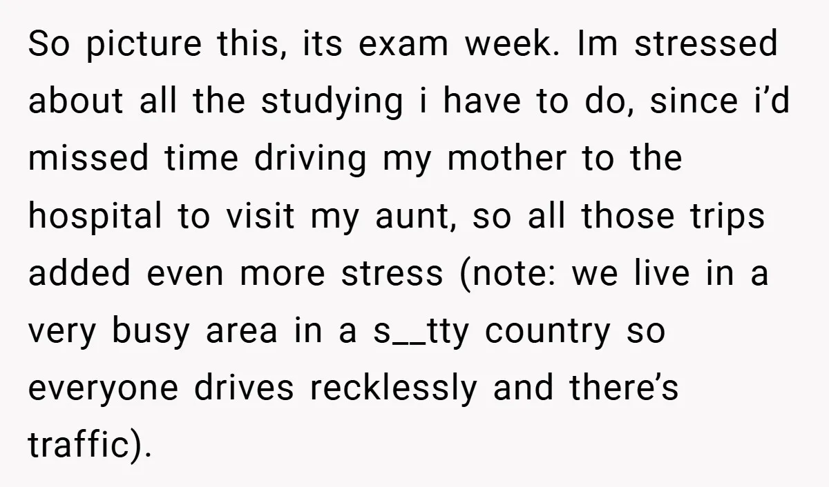 So picture this, its exam week. Im stressed about all the studying i have to do, since i’d missed time driving my mother to the hospital to visit my aunt,...