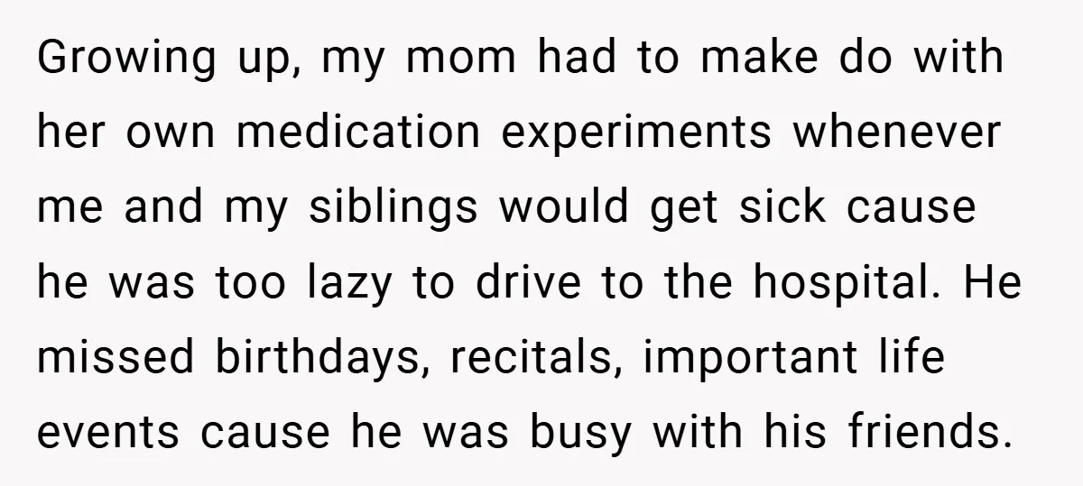 Growing up, my mom had to make do with her own medication experiments whenever me and my siblings would get sick cause he was too lazy to drive to the...