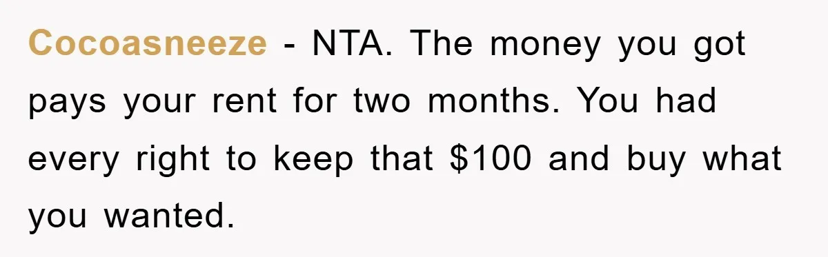 Cocoasneeze − NTA. The money you got pays your rent for two months. You had every right to keep that $100 and buy what you wanted.