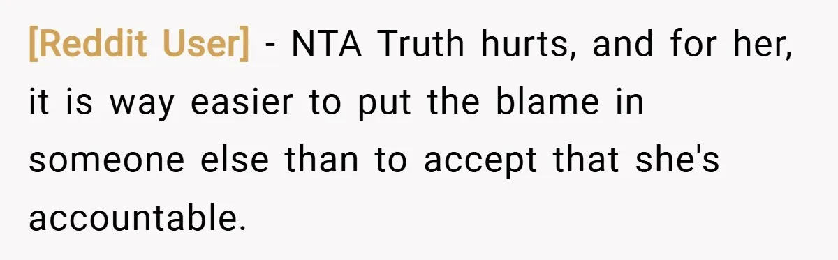 [Reddit User] − NTA Truth hurts, and for her, it is way easier to put the blame in someone else than to accept that she's accountable.