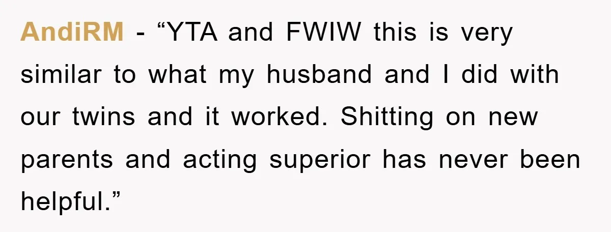 AndiRM - “YTA and FWIW this is very similar to what my husband and I did with our twins and it worked. Shitting on new parents and acting superior has...