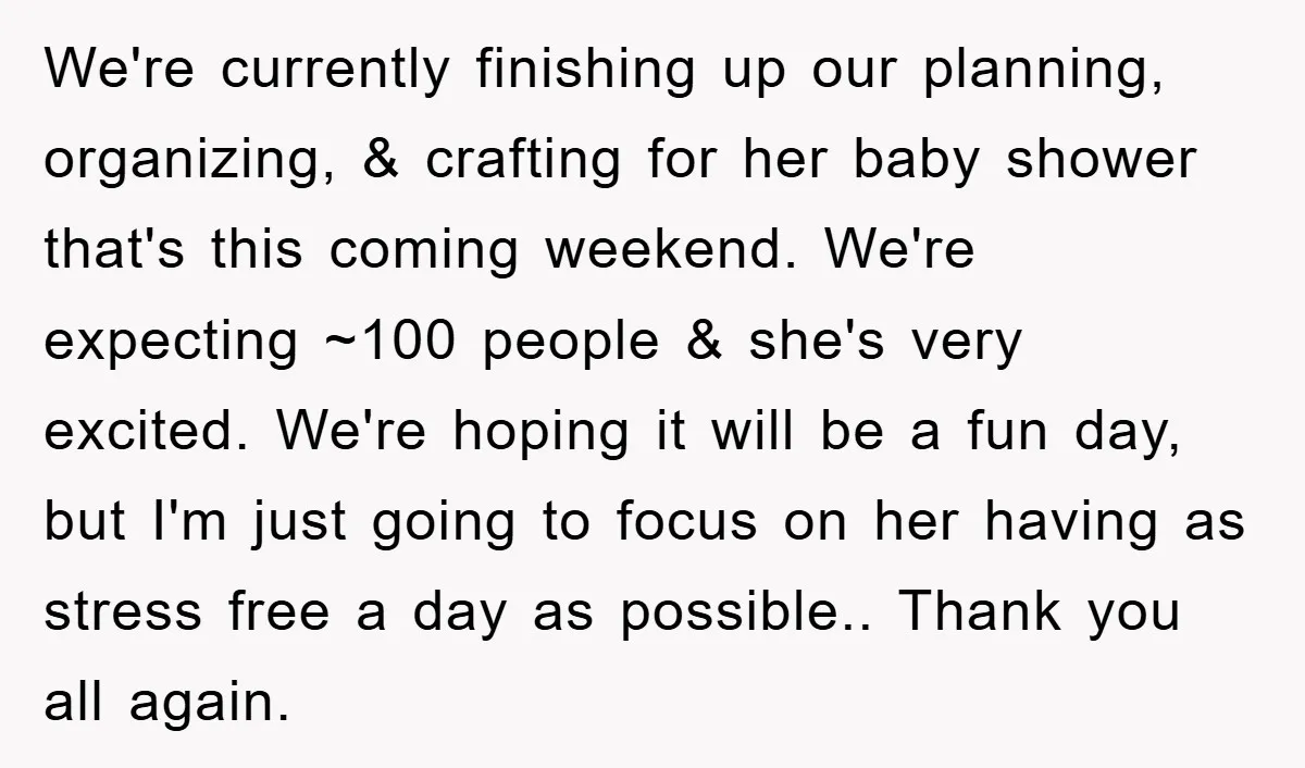 We're currently finishing up our planning, organizing, & crafting for her baby shower that's this coming weekend. We're expecting ~100 people & she's very excited. We're hoping it will be...