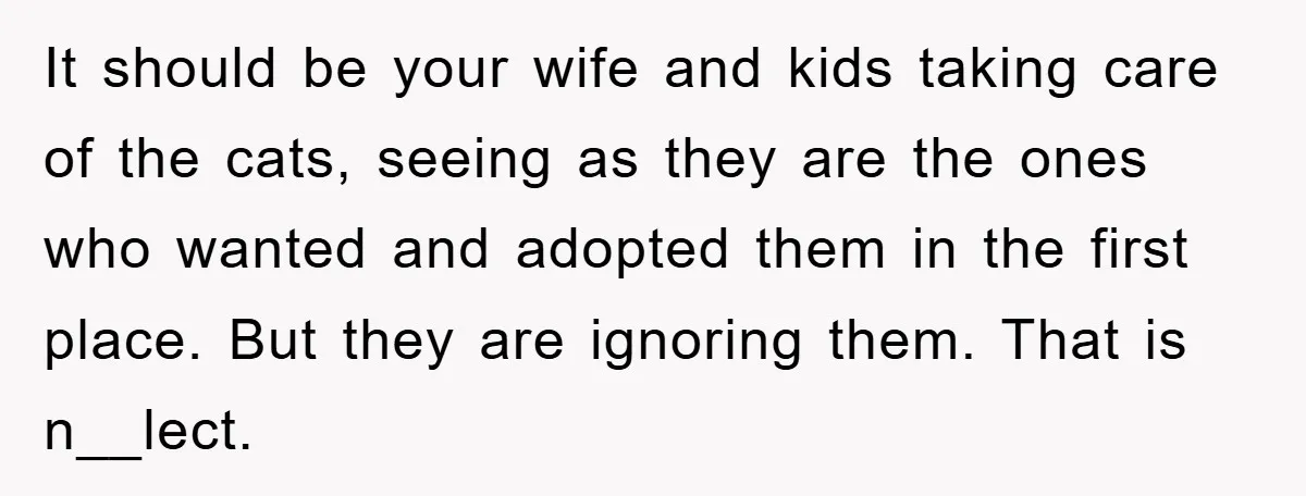 It should be your wife and kids taking care of the cats, seeing as they are the ones who wanted and adopted them in the first place. But they are...