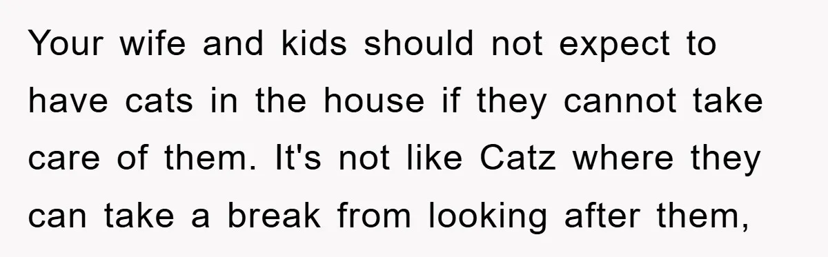Your wife and kids should not expect to have cats in the house if they cannot take care of them. It's not like Catz where they can take a break...