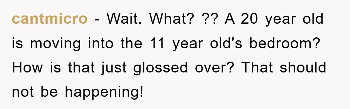 cantmicro − Wait. What? ?? A 20 year old is moving into the 11 year old's bedroom? How is that just glossed over? That should not be happening!