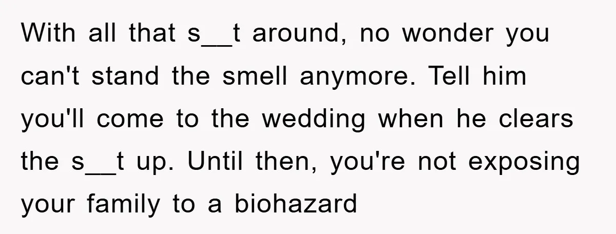 With all that s__t around, no wonder you can't stand the smell anymore. Tell him you'll come to the wedding when he clears the s__t up. Until then, you're not...