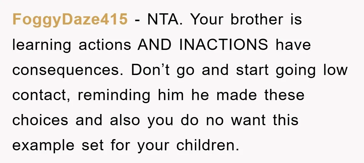 FoggyDaze415 − NTA. Your brother is learning actions AND INACTIONS have consequences. Don’t go and start going low contact, reminding him he made these choices and also you do no...