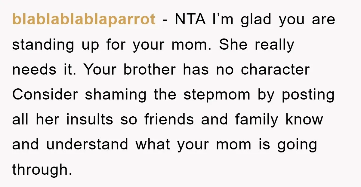 blablablablaparrot − NTA I’m glad you are standing up for your mom. She really needs it. Your brother has no character Consider shaming the stepmom by posting all her insults...